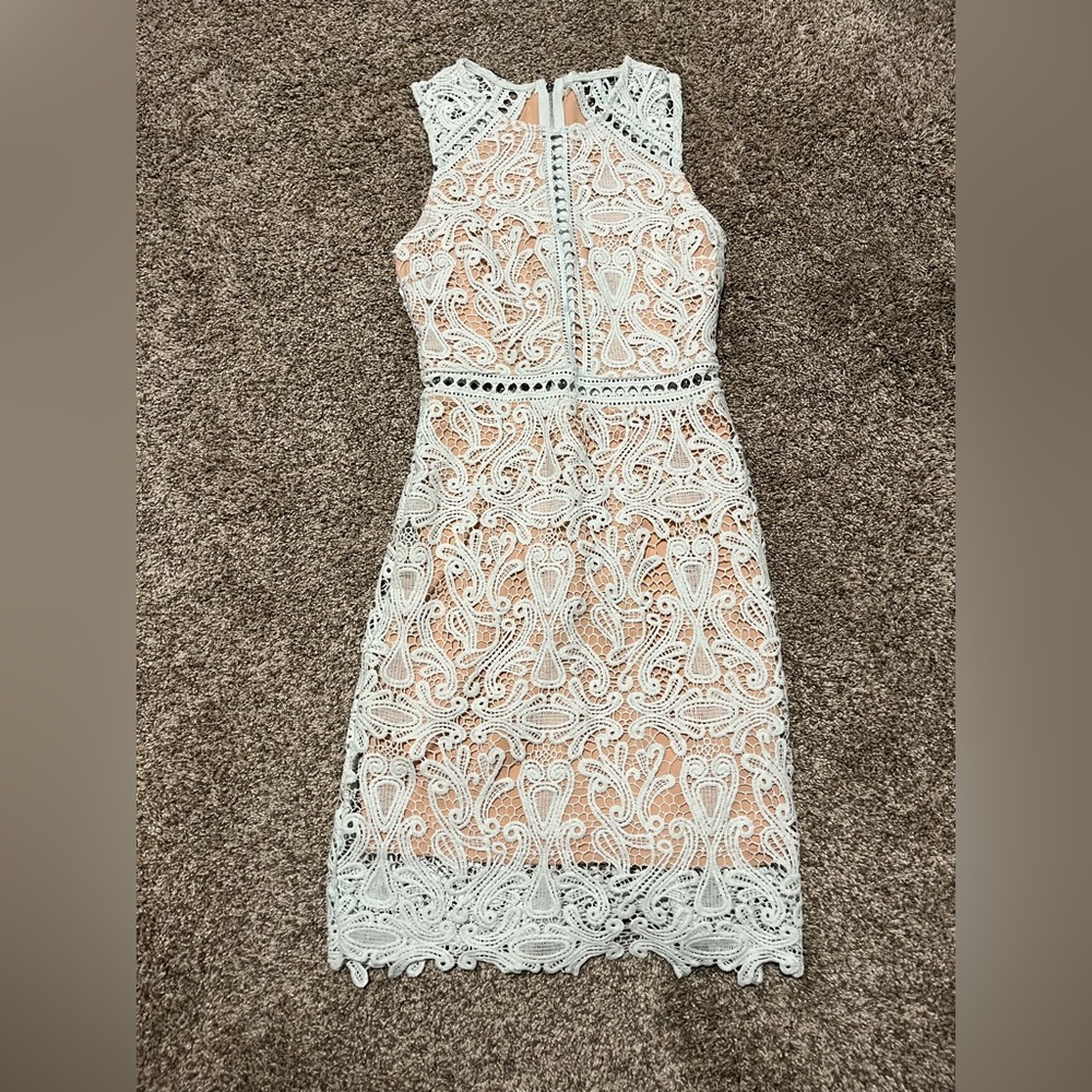 Pale Blue Lace Overlay Sheath Dress with Nude Lining